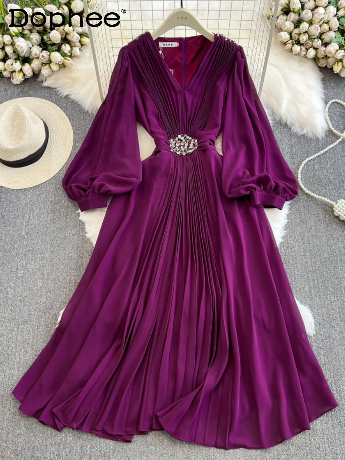 Seaside Holiday Lantern Long-sleeved V-neck Waist A Line Chiffon Pleated Dress Elegant Pendulum Dress Long Dresses for Women