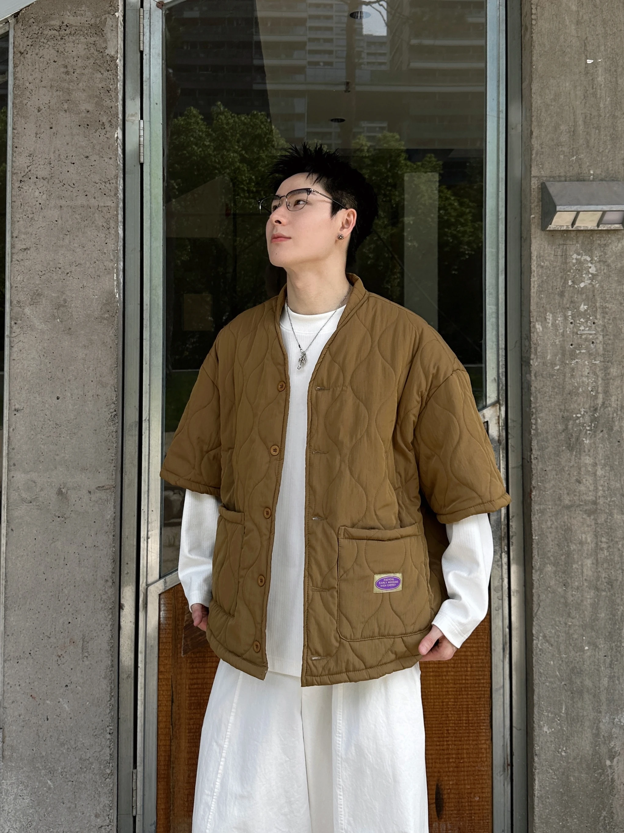 Loose Fit Cotton Jacket V-Neck Men's Casual Warmth Workwear Style Short Sleeve Chinese Brand Youth Fashion Outerwear Coat