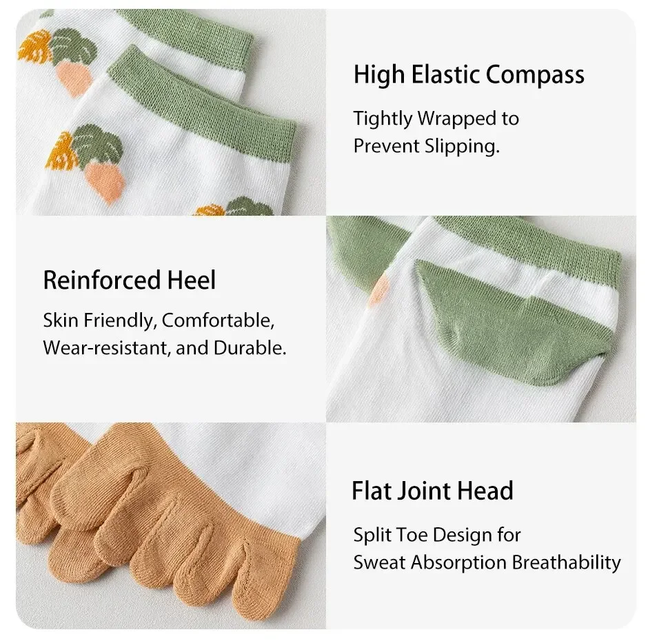 6 Paare/los Kawaii Nette Fünf Finger Socken Frauen Sommer Dünne Söckchen mit Separaten Finger Baumwolle Floral Grün Zehen Socken – Detail 8