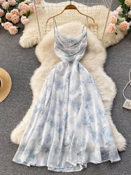 Summer Fashion Long Dress Women Print Floral Sexy Hollow Backless Strappy Party Dress Female Boho Vacation Beach Outing Sundress