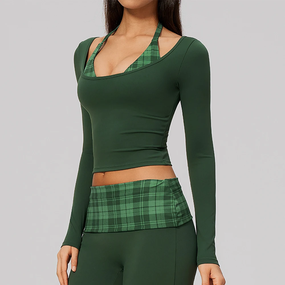 Stripe Fake Two Piece Yoga Long Sleeve Fitness Shirt Top Women Polka Dot Halter Active Shirts Breathable Workout Sports T-Shirt