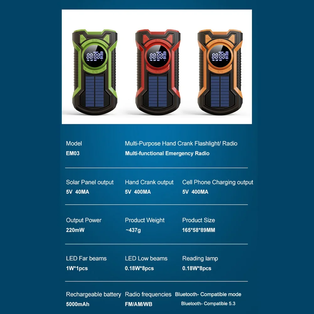 Linterna de manivela de tres pruebas, Radio de emergencia multifuncional impermeable con Bluetooth y linterna LED para exteriores