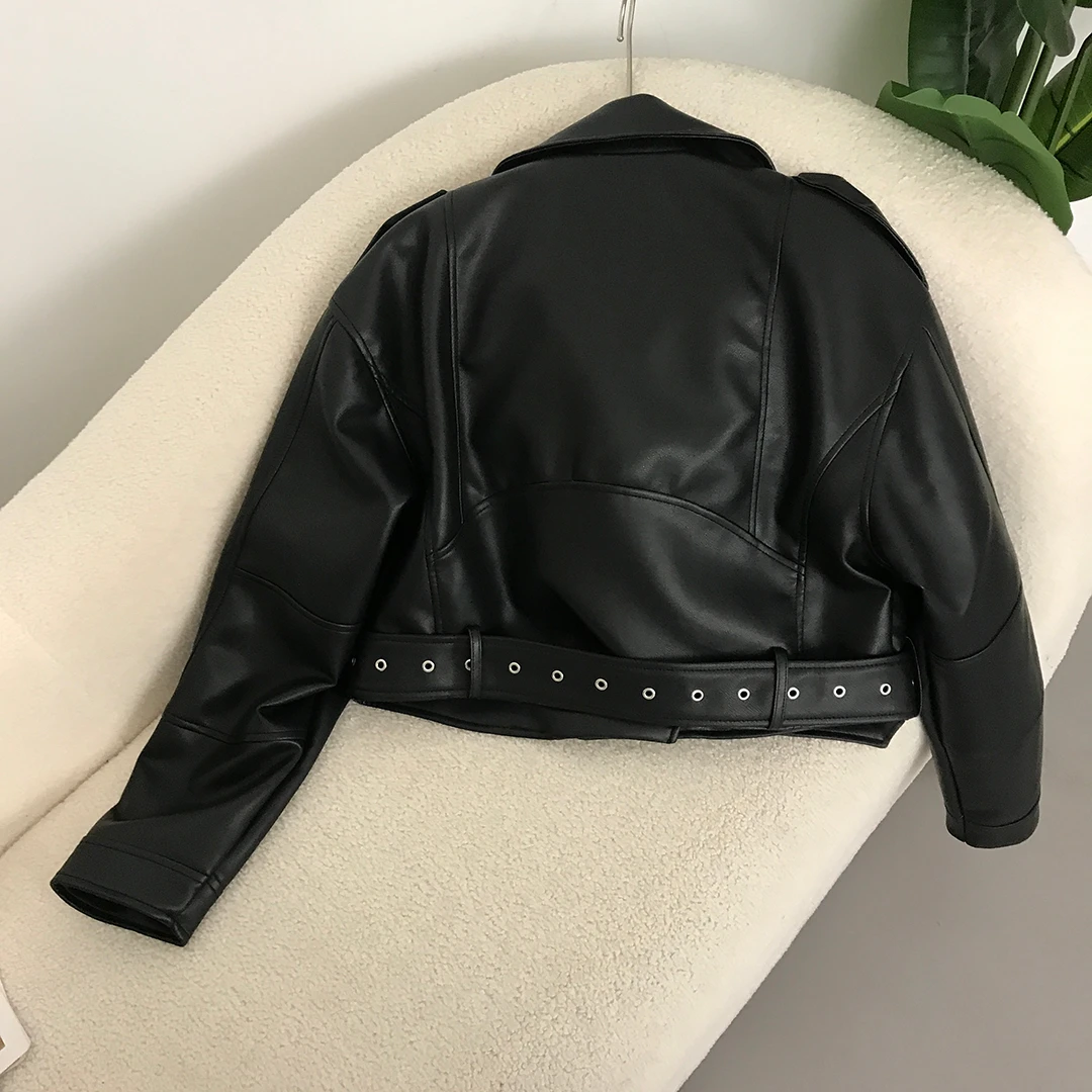 Blouson court en similicuir PU femme, vintage, avec ceinture, streetwear, rétro, avec fermeture éclair, vêtement d'extérieur, pour motard, 2024