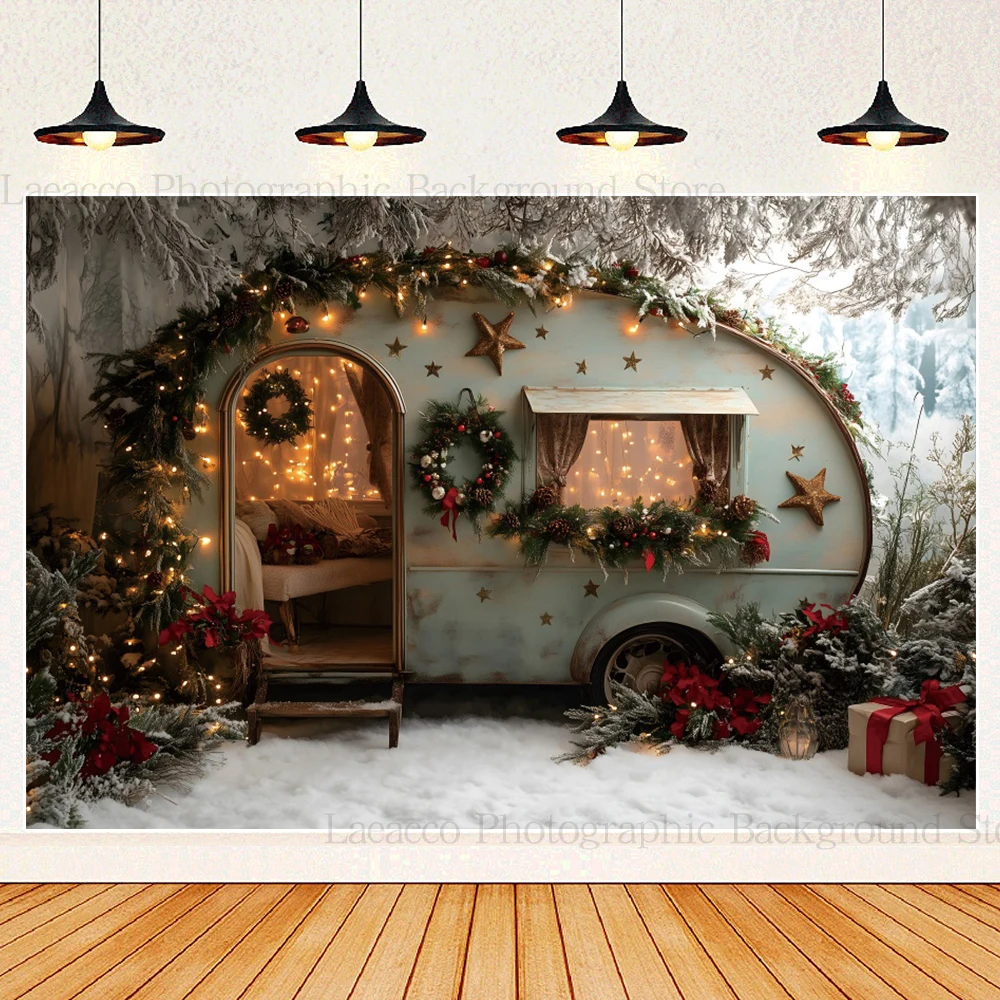 Fondo de fotografía de nieve de coche de Camper de invierno 2025 fiesta de Navidad árbol de Navidad retrato de familia de niños foto telón de fondo accesorios de estudio
