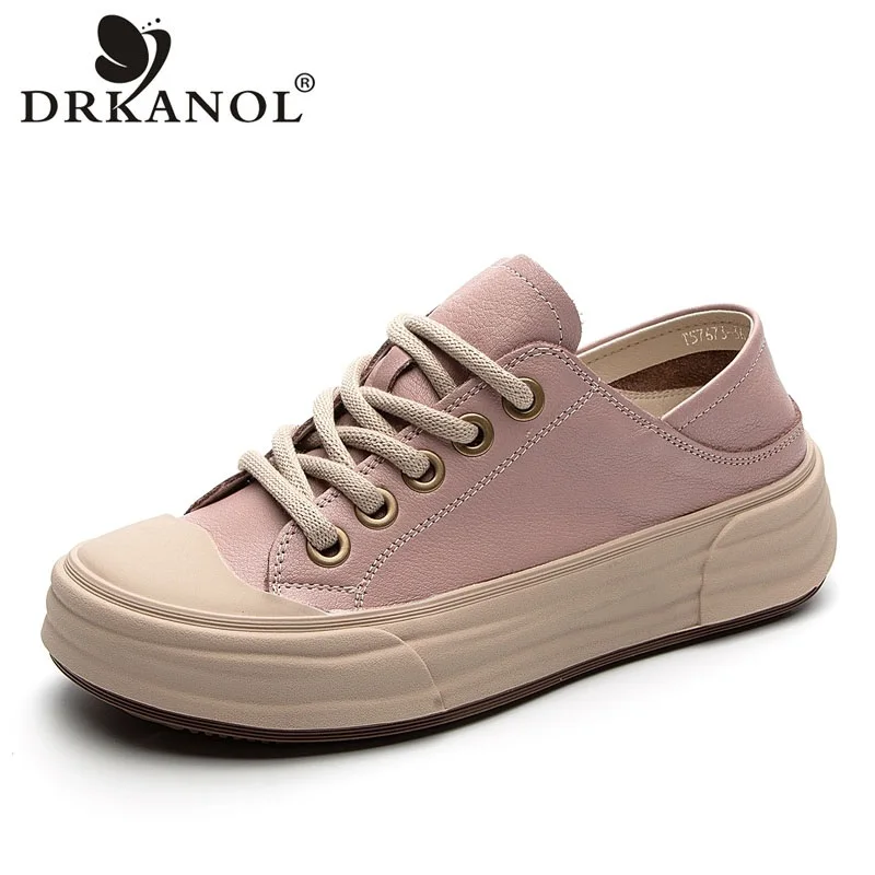 DRKANOL Genuine Leather Casual Sneakers Women Thick Bottom Lace-Up Chunky Platform Shoes Mixed Colors Comfort Board Shoes H23636