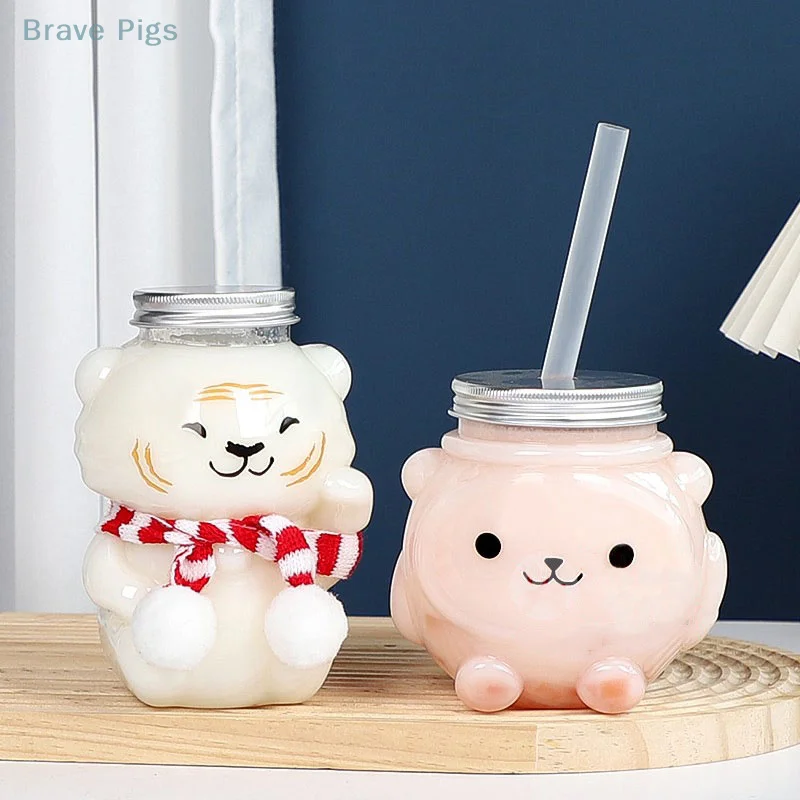 500ml Milk Tea Juice Bottles Beverage PET Water Bottle Cartoon Bear Bottles Disposable Takeaway Coffee Bottles With Lids