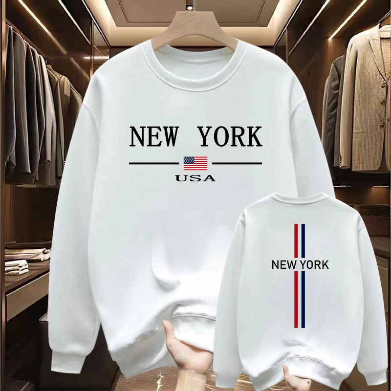 New York Fashion Printed O-Neck Hoodies for Men Spring Autumn Male Warm Long Sleeved T-shirts Urban Trend Casual Streetwear Tops