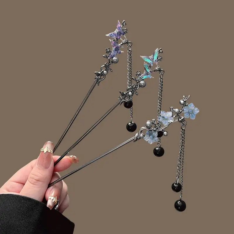 1Pc Bloem Haarspeld Neo-Chinese Stijl Haar Stokken Inkt Gekleurde Bloem Kwastje Haar Stok Voor Vrouwen Elegante Sieraden haar Accessoire