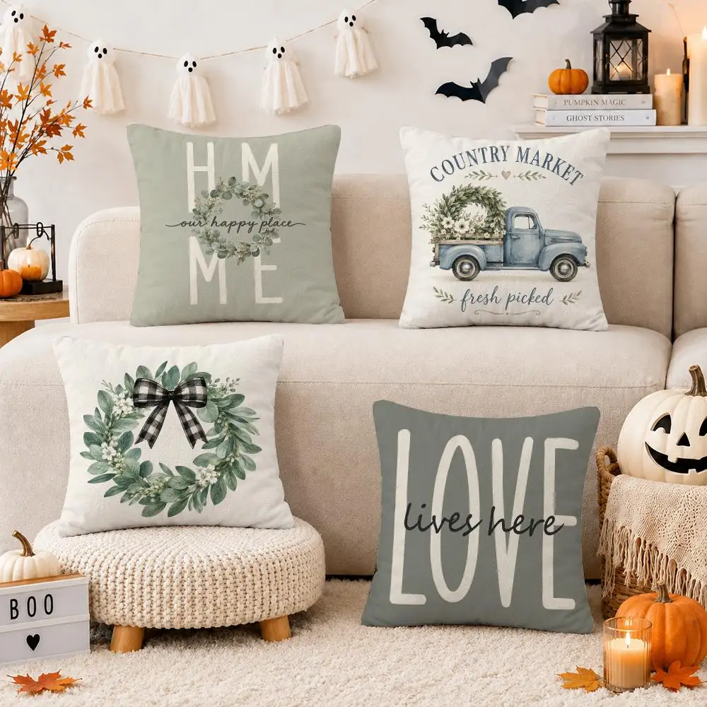 Wreath Truck Cushion Cover Soft Short Plush Double-Sided Printing Sofa Home Decor Festival Pillow Case Gifts