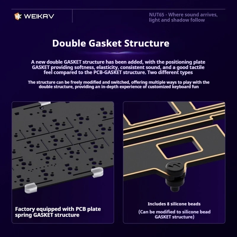 

Weikav Nut-65 Tri Mode Aluminum Lump Kit Mechanical Keyboard Dual Gasket Structure 220 Mesh Anode/Electrophoresis Game Keyboards