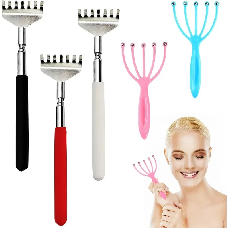 

3 itchy rakes and 2 massagers, retractable scratches on the back of hand, back scratch telescope for head and back scratches.