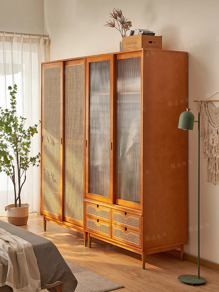 

Wardrobe, bedroom, household, retro rattan woven Japanese solid wood glass sliding door, coat cabinet, wardrobe, floor storage