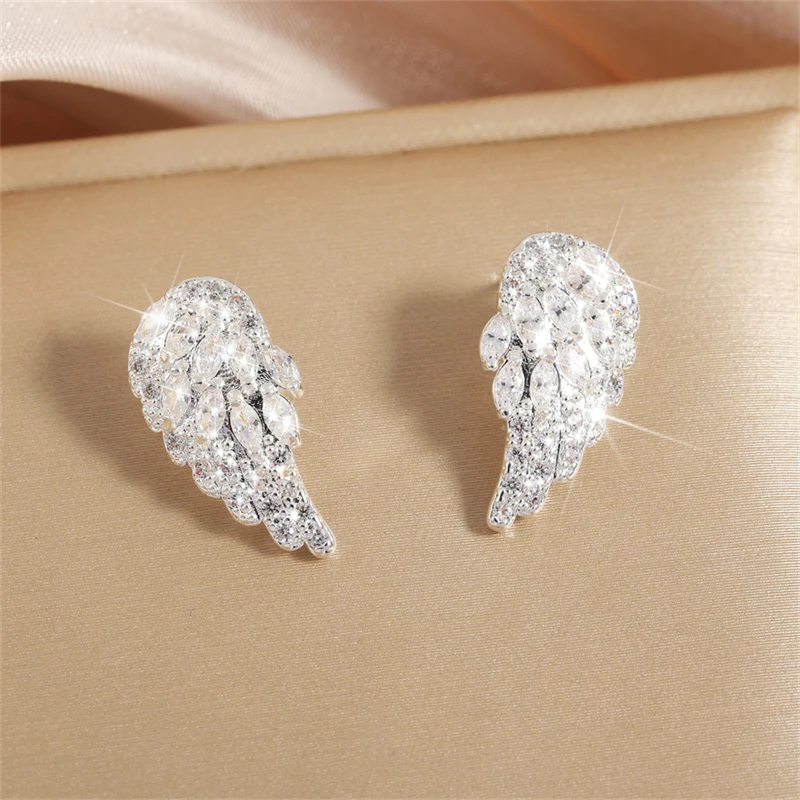 RAKOL  Angel Wings Stud Earrings for Women Shiny Zircon New Fashion Temperament Earrings Party Jewelry Gifts