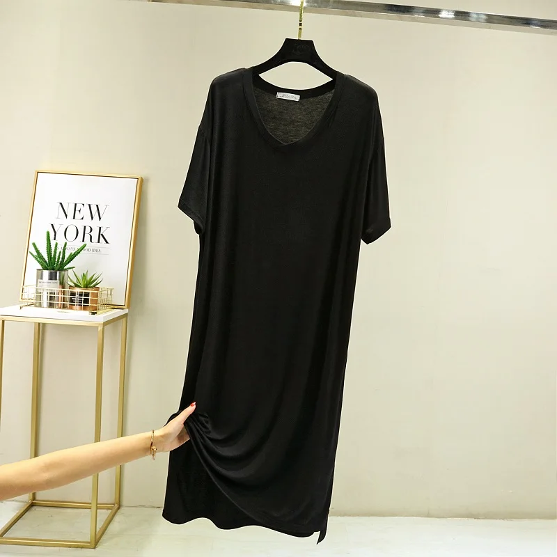Modal Women's Summer Dress V-Neck Loose A-Line Long Skirt Sleepwear plus Size Outerwear Versatile Short Sleeve Maxi Dress