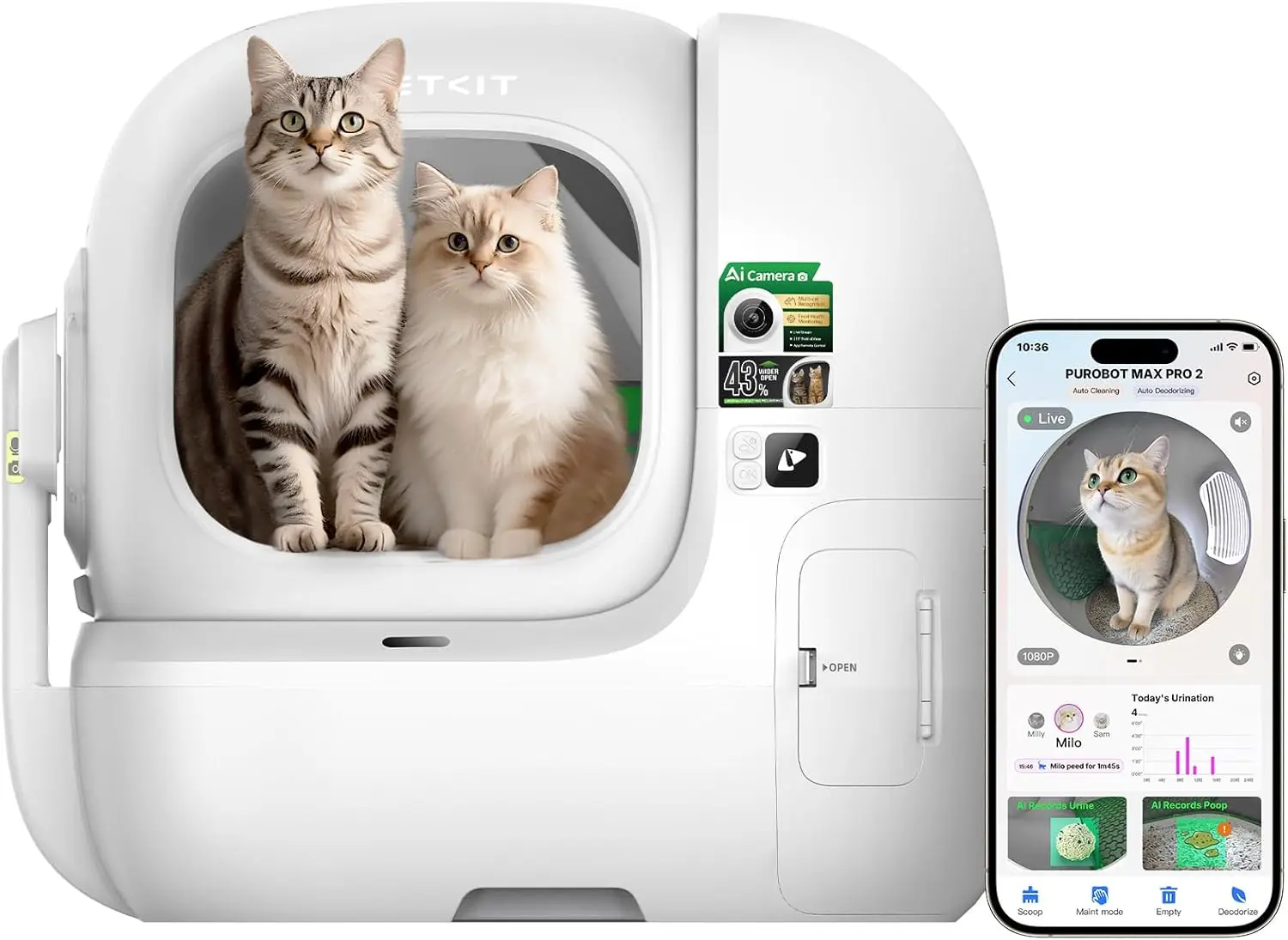 

Автоматический самоочищающийся кошачий туалет Purobot Max Pro 2 с AI-камерой, увеличенное отверстие 210, модель 2025 года ° Широкоугольный объектив с распознаванием кошачьих морд A