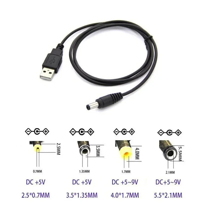 Şarj Usb DC Usb şarj kablosu USB DC kablosu 5V 5521 5525 35135 1m siyah şarj kablosu 5.5mm 2.5mm 2.1mm 3.5mm