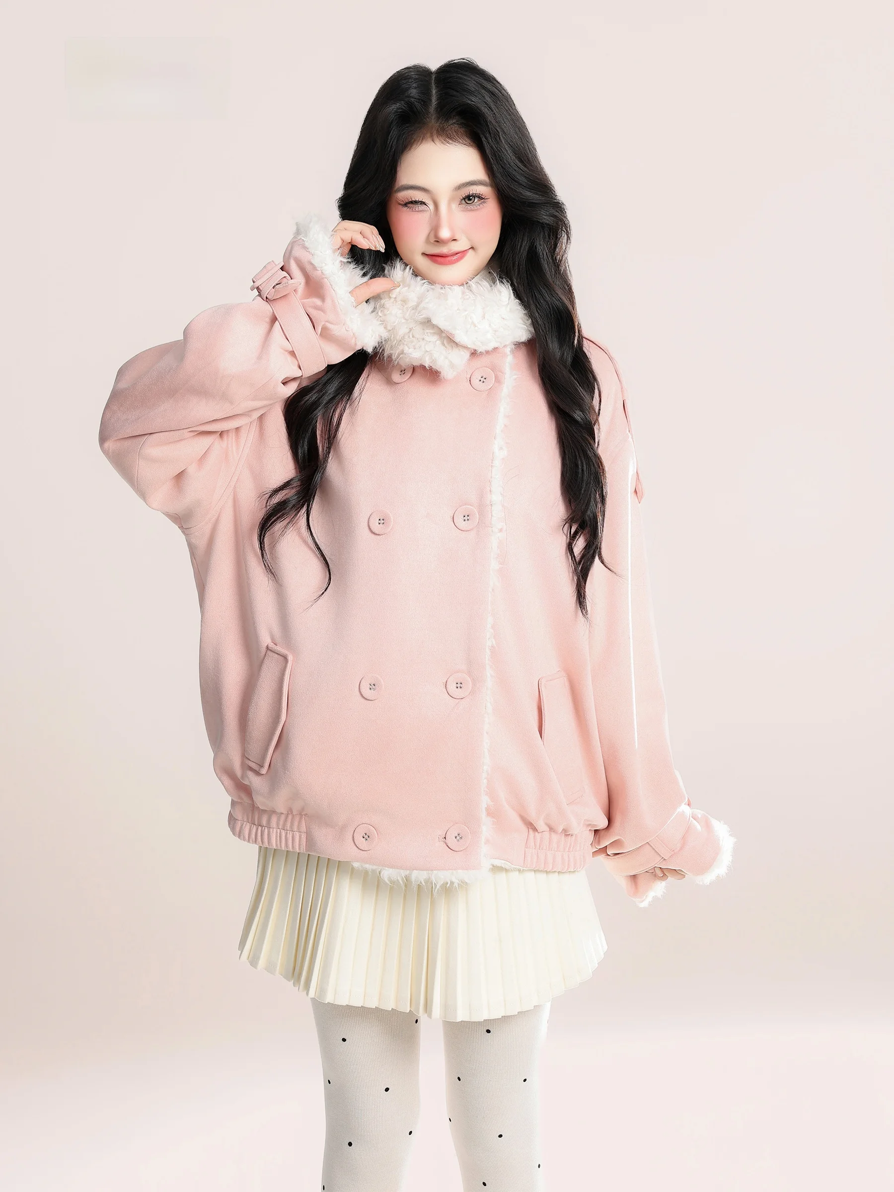 

HM Soft Pink Suede Thiened Winter Cotton Jaet Women's Warm Coat with Stand Collar Double Breasted Long Sve Polyester
