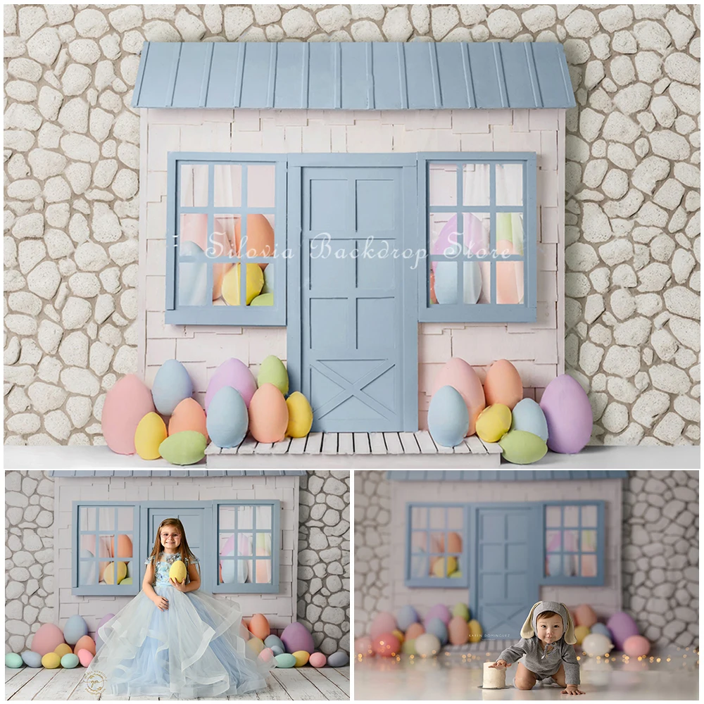 

Easter Egg Photography Backdrop Cloth Blue Bunny Cabin Cake Smash Photo Background Kids Portrait Photo Studio Props