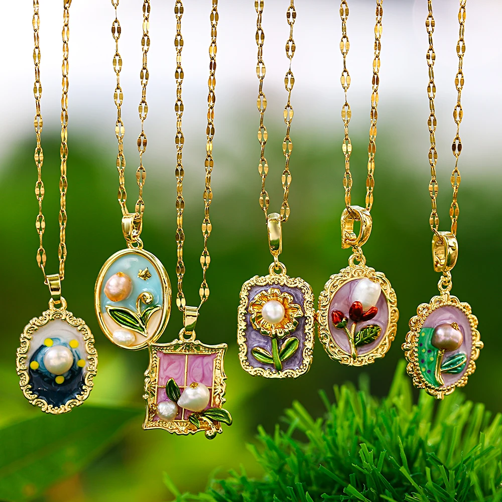 Flashbuy Women\'s Stainless Steel Necklace with Inlaid Pearl Irregular Oval Pendant Drip Oil Enamel Art Charm Jewelry