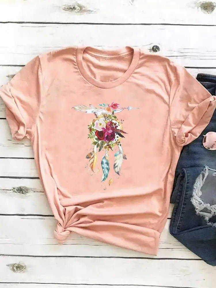 

Clothing Print T Shirt Summer Top Basic Women Clothes Dream Web Feather Trend Cute Fashion Short Sleeve Tee Graphic T-shirt
