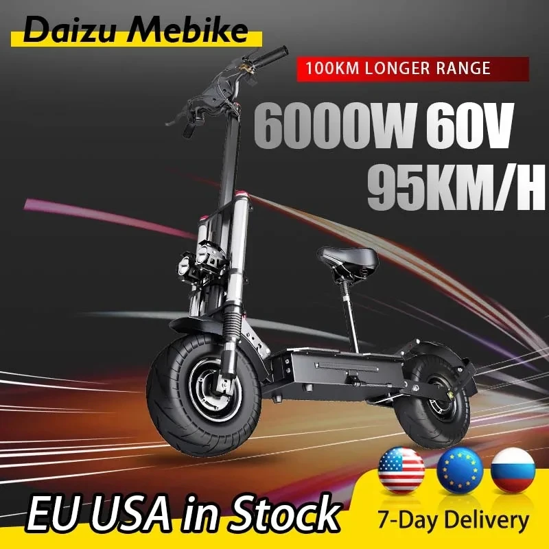 

Electric Kick Scooter Adult Motor 6000W Max Speed 90KM/H 13 Inch Off-Road Puncture-proof Tire 60V 30AH Battery Foldable Longboar