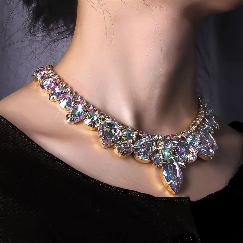 

Массивное блестящее ожерелье-чокер в форме капли воды AB для женщин, роскошное геометрическое ожерелье с кристаллами, аксессуары для ювелирных изделий