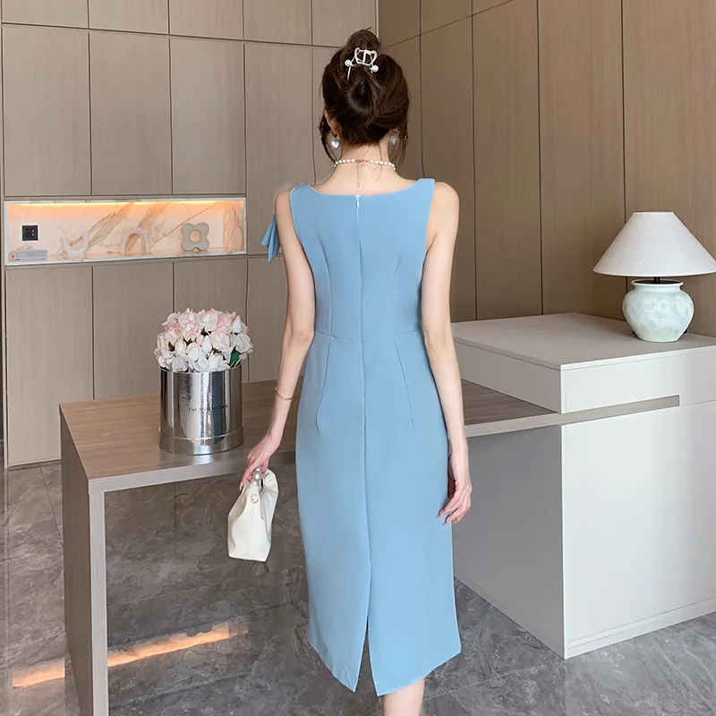 Elegant Formal Dresses Plain Bow Sleeveless Vest Long Midi Pencil Dresses 2023 Summer Slim Bodycon Party Club Dress