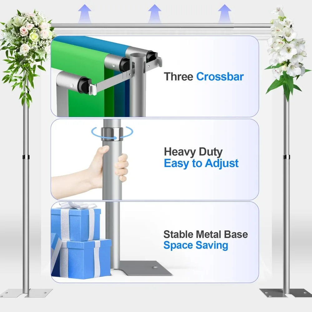Backdrop Stand 8.6x10ft, Three Crossbar Pipe and Drape Backdrop Stand Kit, for Wedding Photography Birthday Party Decorations