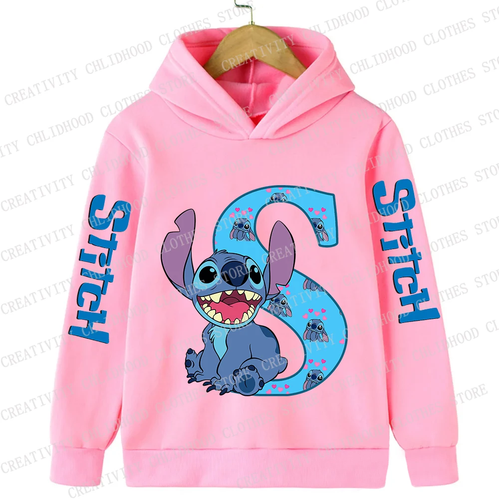 Stitch Children Hoodies 26 Letters ABCDEFG Kids Pullover Anime Casual Clothes Girl Boy Cartoons Kawaii Tops Velvet Sweatshirts