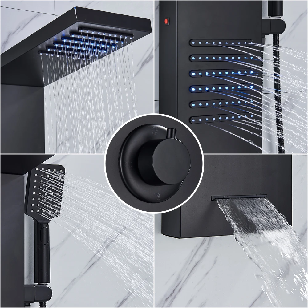 Pannello doccia a LED nero sistema a torre colonna doccia a cascata a pioggia colonna idromassaggio massaggio corpo vasca idromassaggio miscelatore