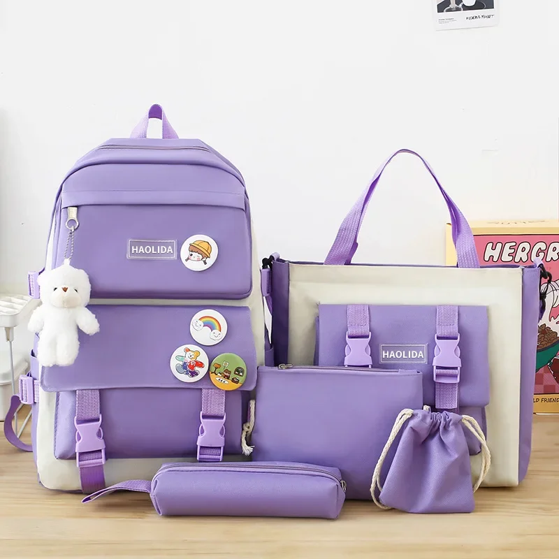5点セット-リュックサック-女性用-ファッション-レディース-大容量-防水-カレッジ-トレンド-ガールズ-ラップトップ-スクールバッグ-キュート-ガール-トラベル-ブックバッグ