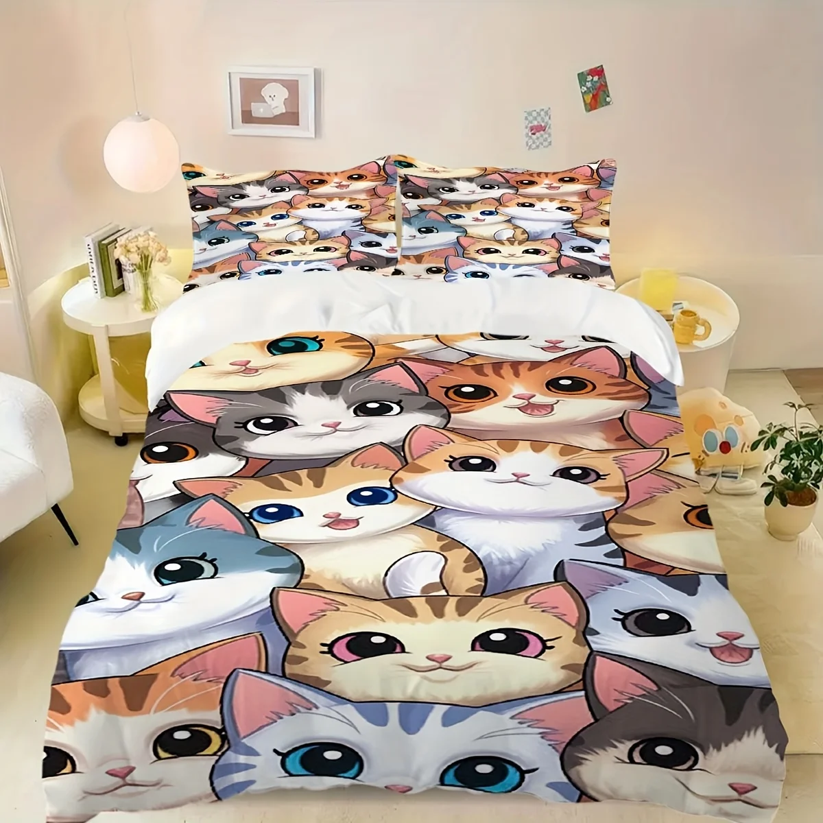 Fashionable and Cute Cartoon Cat Design Duvet Cover Set Multi Size Quilt Cover Queen Size Bedroom Bedding Decoration Machine Washable Adult Boy Girl