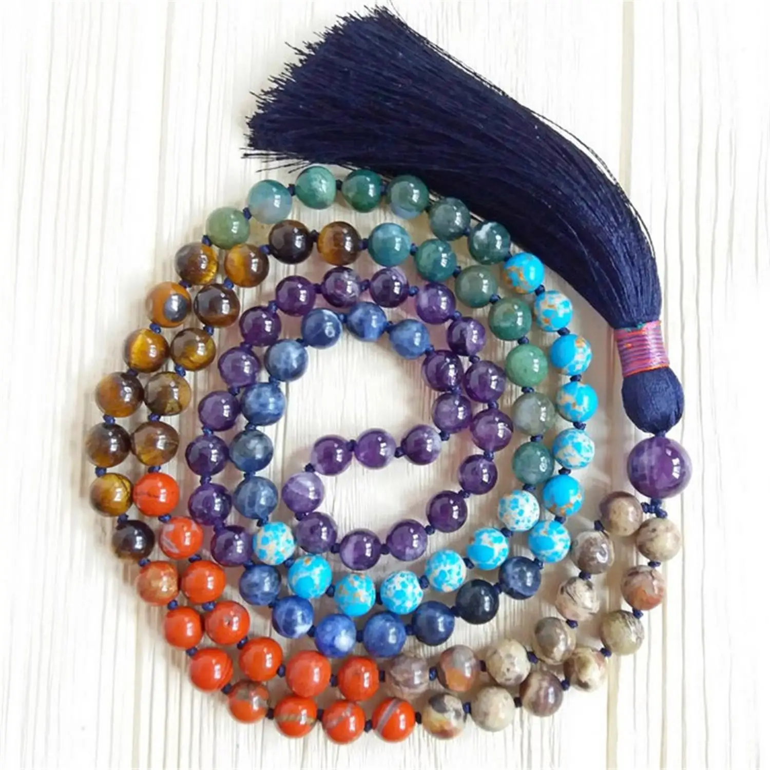 

8mm 7 Chakras Stone 108 Beads Handmade Tassel Necklace Unisex Peace Wood Meditation Stone Yoga Mala Prayer