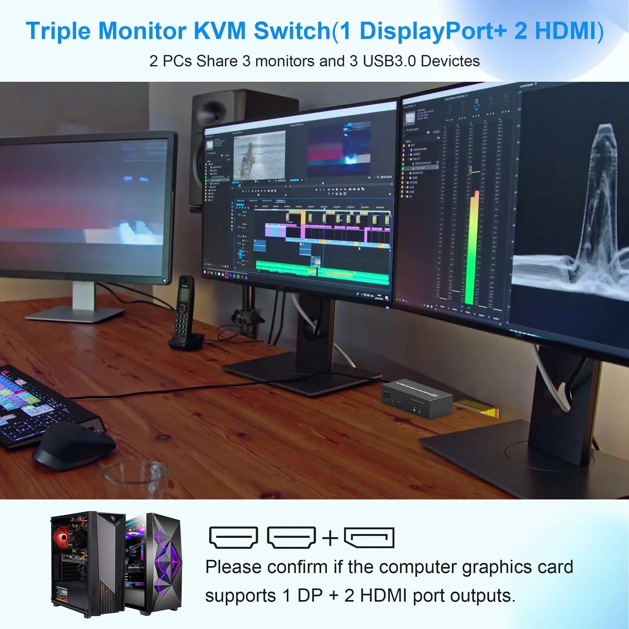 Imagem -03 - Monitor Kvm Switch Triplo Computadores 4k @ 60hz Hdmi Mais Displayport Compartilhar Monitor