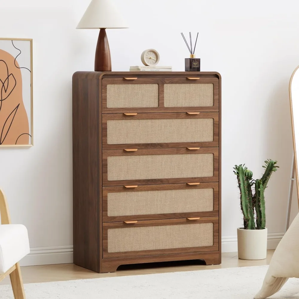 Mid Century Modern 5-Drawer Dresser in Natural Linen for Bedroom, Curved Wooden Chest of Drawers for Clothes Storage
