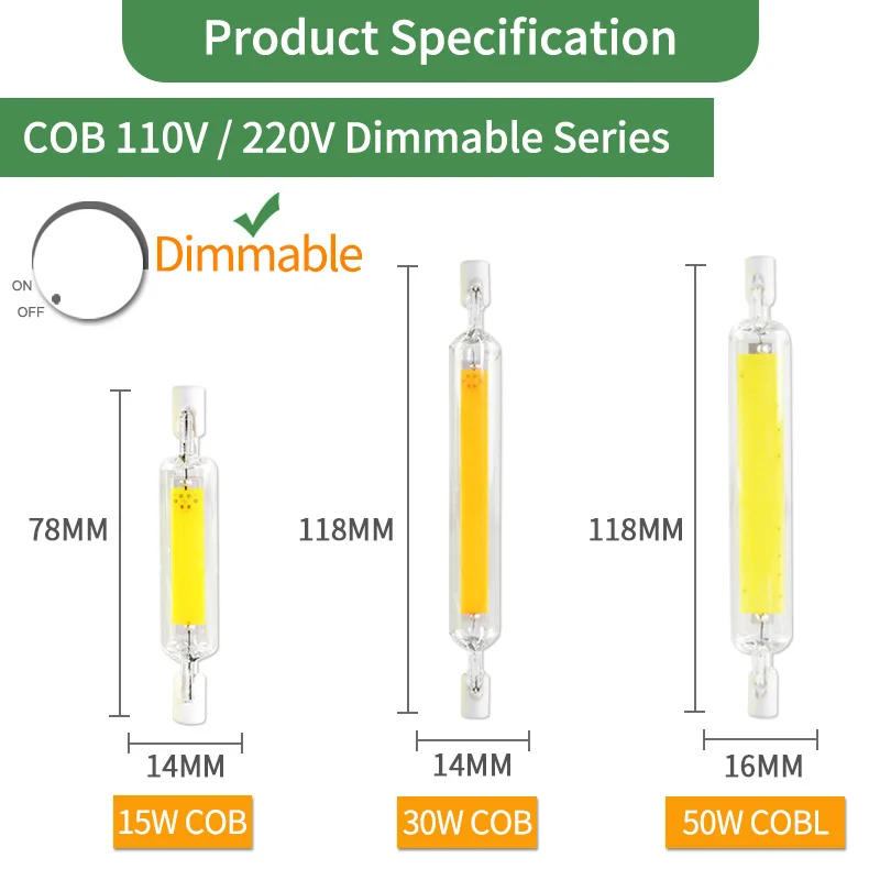 Kaguyahime 2pcs 110V /220V COB LED R7S Bulb Lamp 6w~15w Dimmable 78mm 118mm 135mm Replace Spot Tube Halogen Light 50w~100w