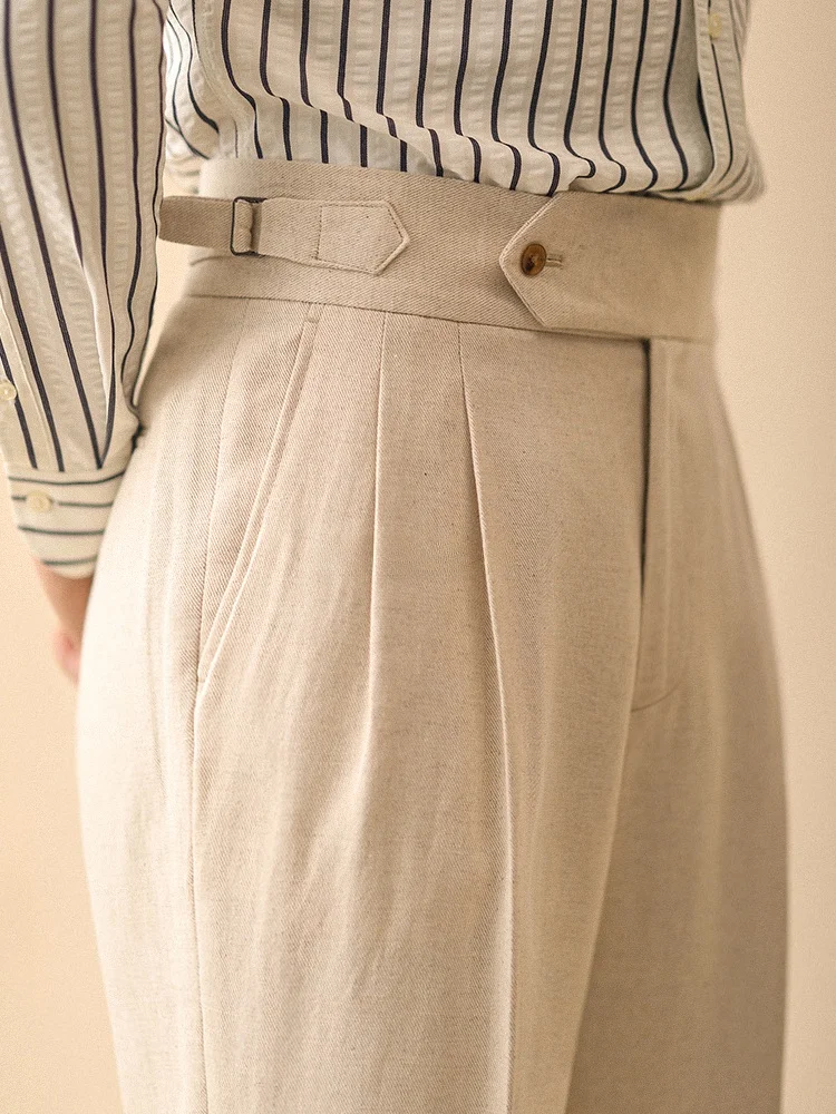 

High Waist Men's Linen Trousers Paris Buckle Casual Business Style Spring Summer Cotton 50% Linen 50% No Ironing Needed