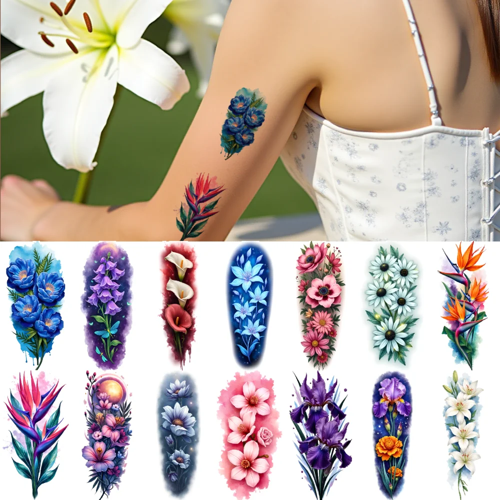 

9pcs Temporary Tattoo Daisies Realistic Temporary Tattoos Bird Of Paradise Lilacs Colorful Realism Lilies For Male Shoulders
