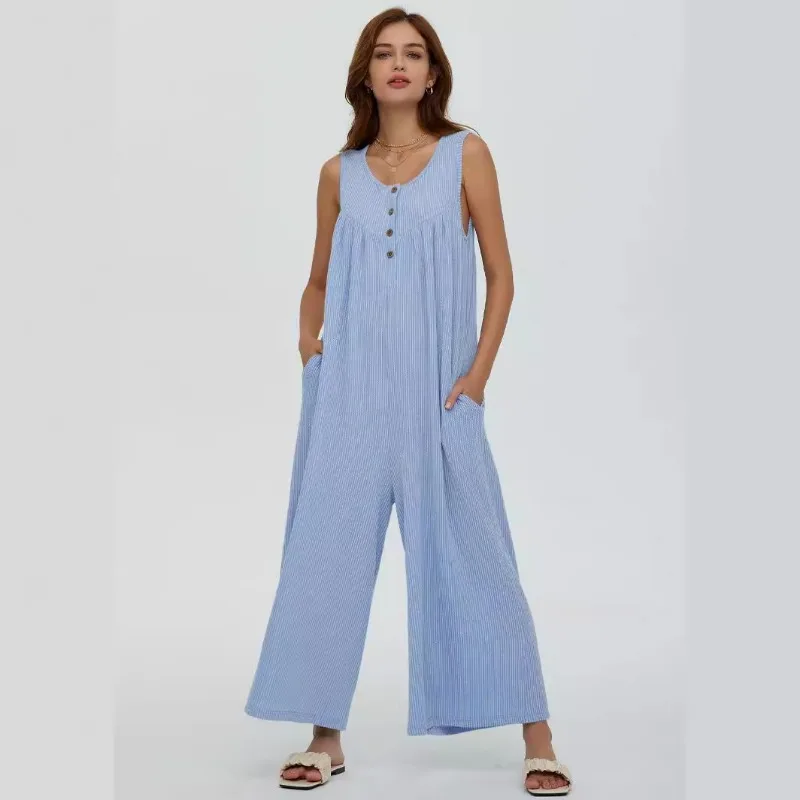 2024 New Pocket Jumpsuit Summer Women's European and American Style Small Fresh Casual Loose Women's Clothing