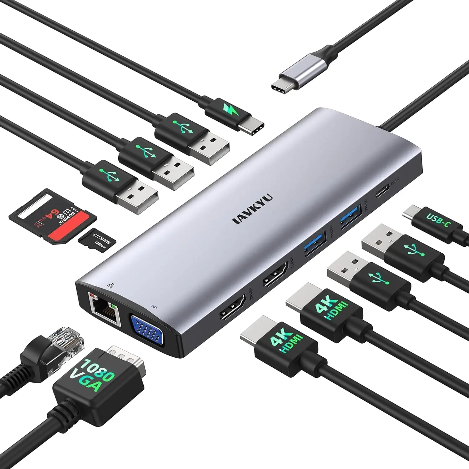 

Многофункциональная док-станция USB-C 13-в-1 для ноутбуков, поддержка двух мониторов (HDMI, VGA), Ethernet, PD 100 Вт