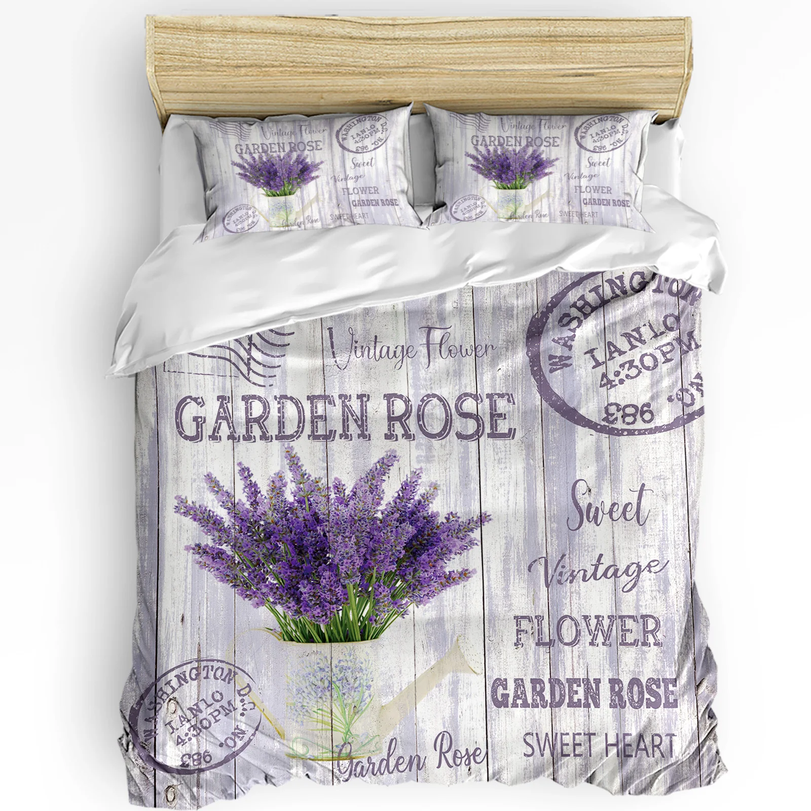 Flower Lavender Kettle Vintage Postcard Wood Duvet Cover with Pillow Case 3pcs Bedding Set Quilt Cover Double Bed Home Textile