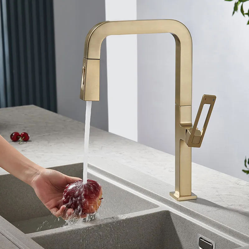 Kitchen Mixer Faucets Hot & Cold Brass Sink Tap Pull Out Type Single Handle Square Deck Mounted Brushed Gold/Gun Grey/Sliver New