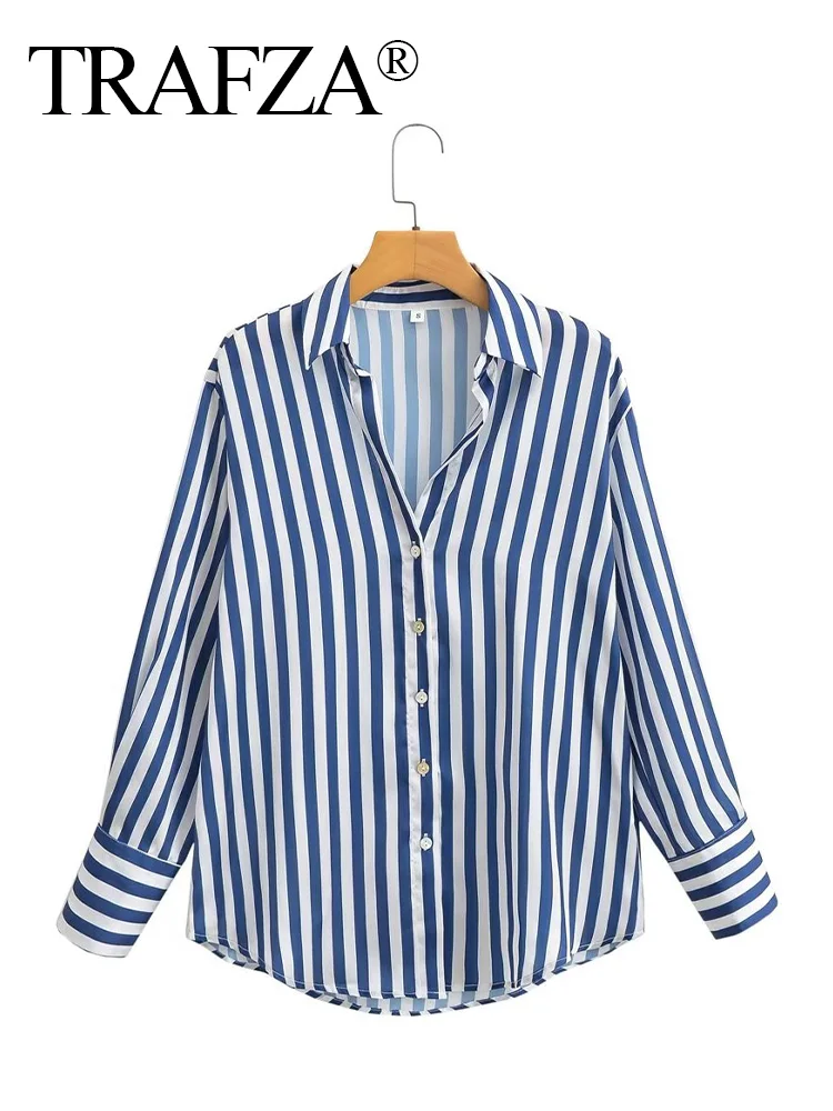 TRAFZA Women Stripe Long Sleeve Blouse Vintage Lady Top Y2K Loose Street Shirts Spring New Fashion Button Up Satin Shirt Blouse