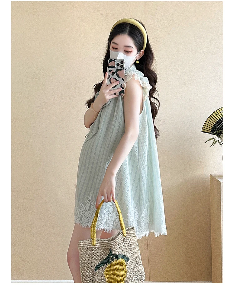 

Bow Pregnant Woman Ball Gown Dress French Style Sweet Summer Maternity Dress Hubble-bubble Sleeve V-Neck Fairy Princess Dress