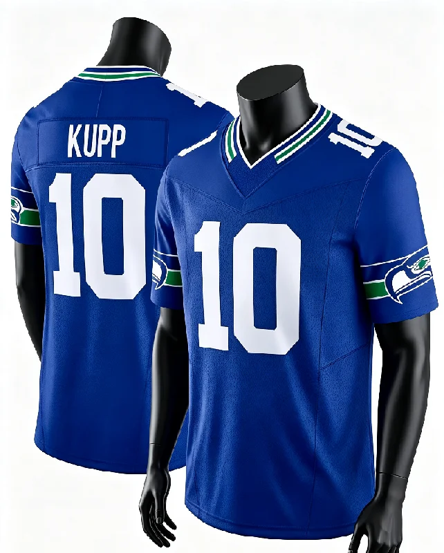 Men Seattle #10 Kupp Navy Home Jersey Name Number V Neck Short Sleeve Breathable Sports Game Fan Daily Wear Family Matching