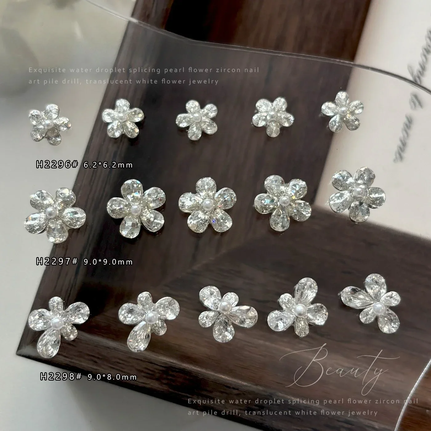 5Pcs Teardrop Zircon Flower Nail Charms, Sparkly 5‑Petal Pearl Inlaid Pre‑made Rhinestone Clusters for DIY Press‑on Nails