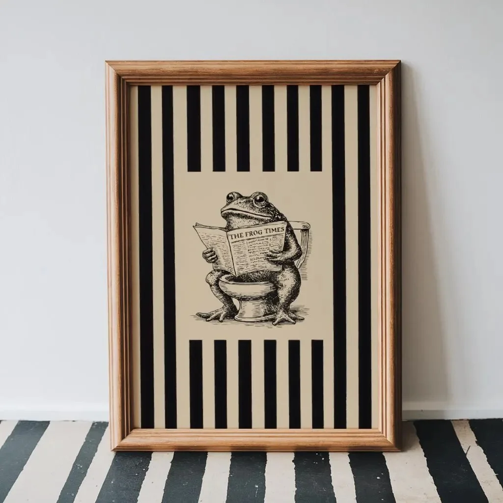 Western Cowgirl Reading Newspaper & Hedgehog Toilet Paper Canvas Print Frog Bathroom Wall Art for Poster for Modern Home Decor