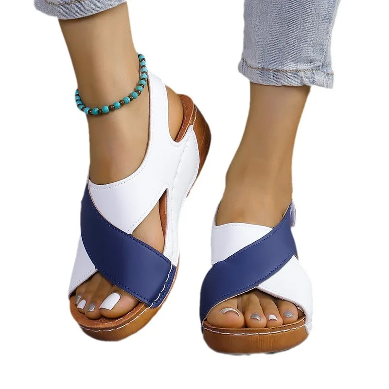 2025 Summer Fashionable Thick Bottom Color Blocked Roman Sandals with Sponge Cake Bottom Velcro Open Toe Beach Sandals