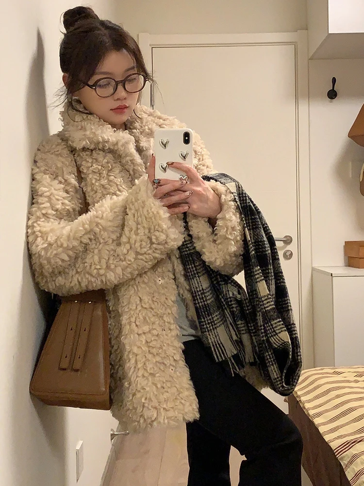 

Lamb Fur Jaet Women's Thiened Eco-friendly Plu Winter Coat Korean Sle Commute Faion Loose Fit Long Sve Coat