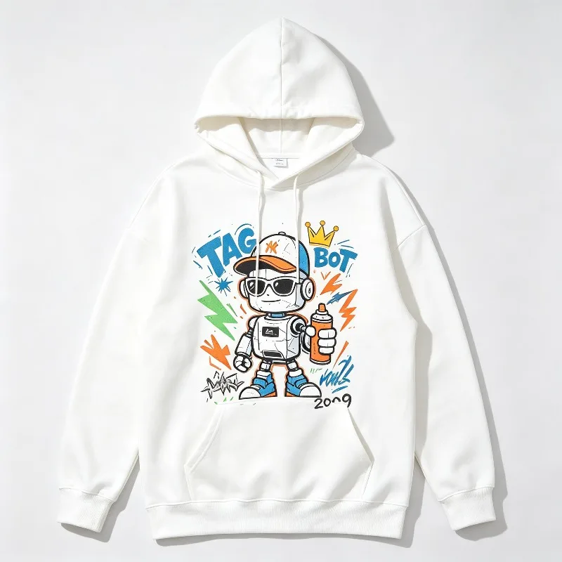 Men’s Casual Streetwear Hoodie Tag Bot 2009 Comic Robot Print Casual Clothes Cotton Pullover Long Sleeve Male Hooded Sweatshirt